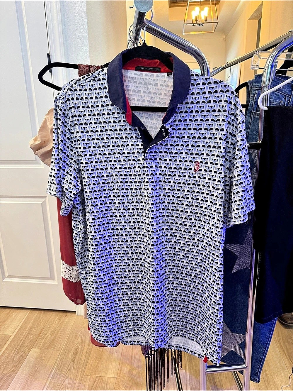 GREYSON Printed Polo Shirt in Blue & White